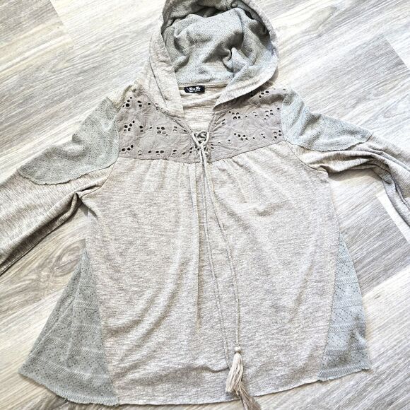 Miss Me Tops - Miss Me Woman's Size M Knit Crochet Embroidered Hoodie Sweater Drawstring